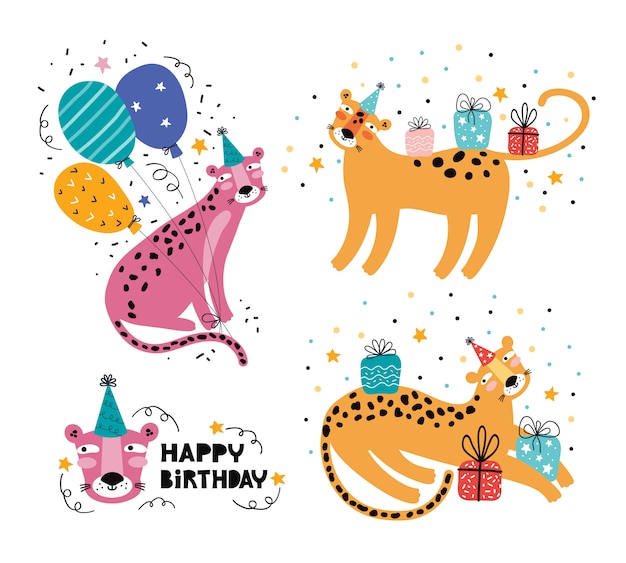 Feliz cumpleaños divertido leopardo o jaguar. Fiesta de animales de la selva. Carácter de animales salvajes en vacaciones. Decoración festiva, regalos, gorra, globo. Dibujado a mano ilustración con tipografía de saludo. Garabatear