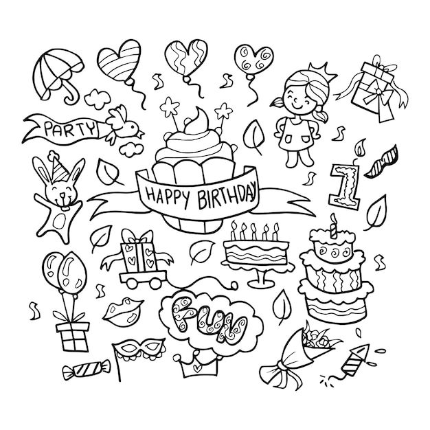 Feliz cumpleaños doodle dibujado a mano