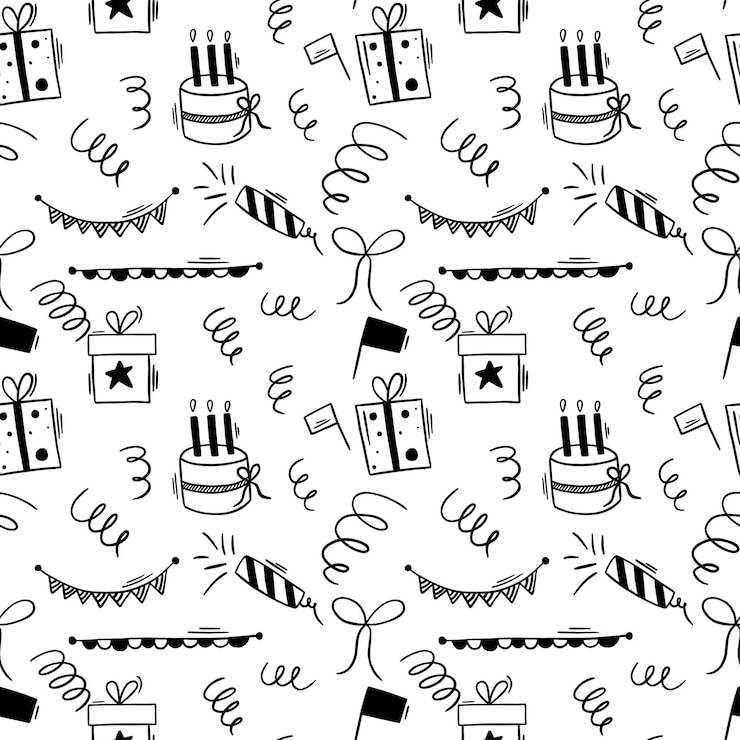 Vector feliz cumpleaños doodle elementos negros de patrones sin fisuras con pastel de cumpleaños y guirnaldas