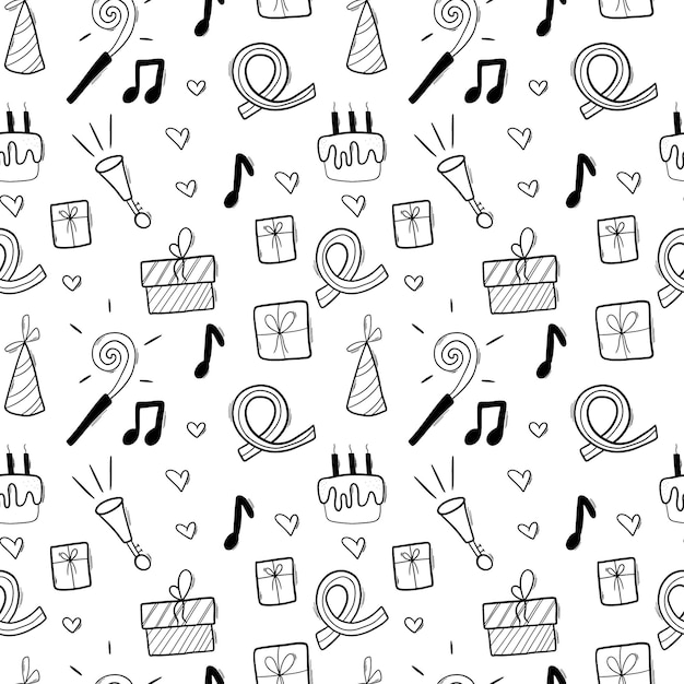 Feliz cumpleaños doodle elementos negros de patrones sin fisuras con pastel de cumpleaños y guirnaldas