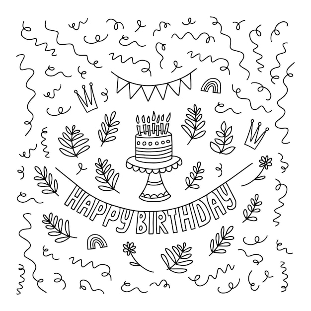 Vector feliz cumpleaños doodle set vector feliz cumpleaños pegatina torta dibujada a mano con velas gorro de fiesta guirnalda globo flores