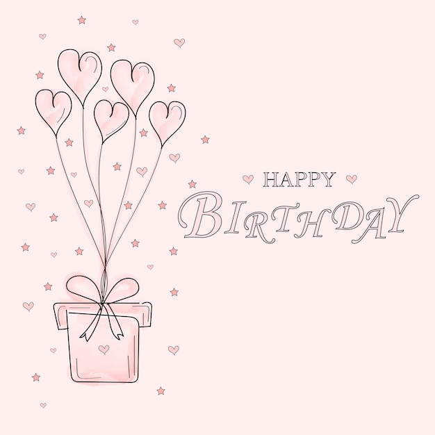 Feliz cumpleaños doodle tarjeta rosa con caja de regalo en un fondo rosa flyerbannervector ilustración