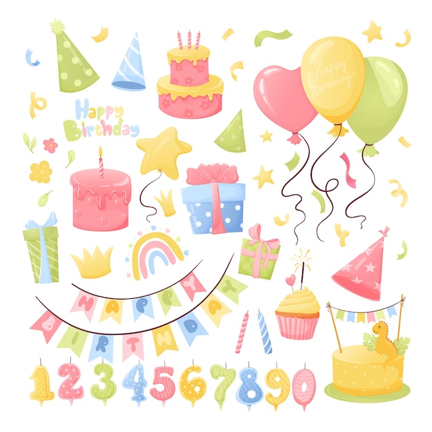 Feliz cumpleaños elementos de felicitación conjunto de globos banderas pasteles pasteles cajas de regalos guirnaldas y sombreros tonos coloridos estilo hecho a mano gran conjunto de elementos vectoriales aislados en fondo blanco