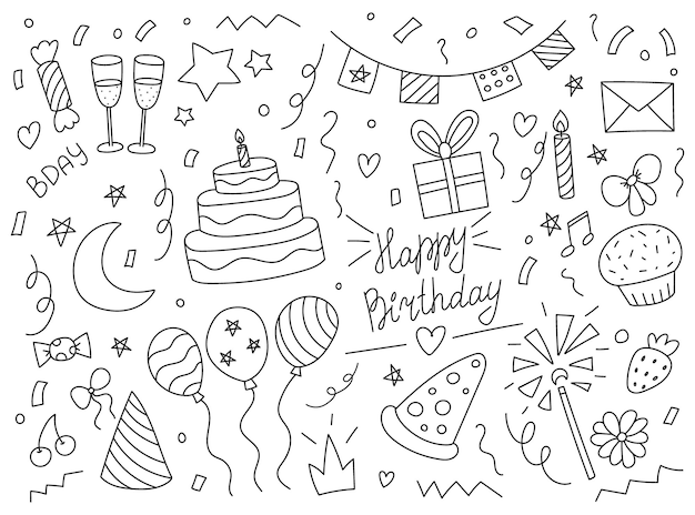 Vector feliz cumpleaños elementos de garabateo dibujados a mano artículos de decoración de fiesta