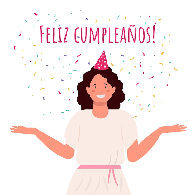 Vector feliz cumpleaños en español con linda chica feliz y brillo ilustración vectorial