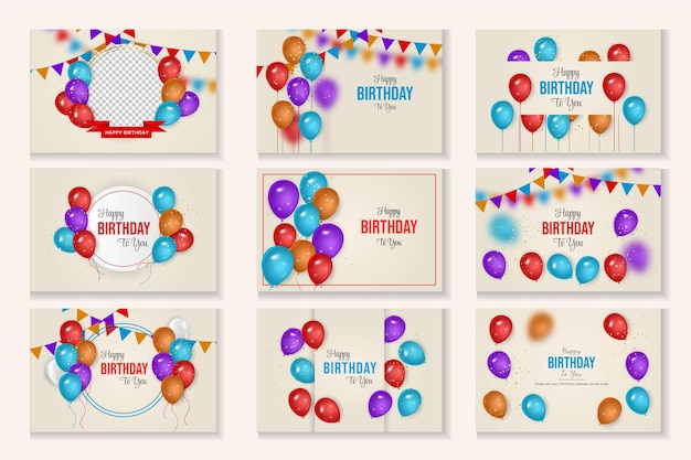Feliz cumpleaños felicitaciones diseño de conjunto de pancartas con globos de colores y cinta de brillo brillante