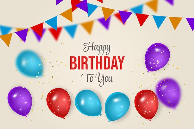 Feliz cumpleaños felicitaciones diseño de pancarta con globos de colores y cinta de brillo brillante