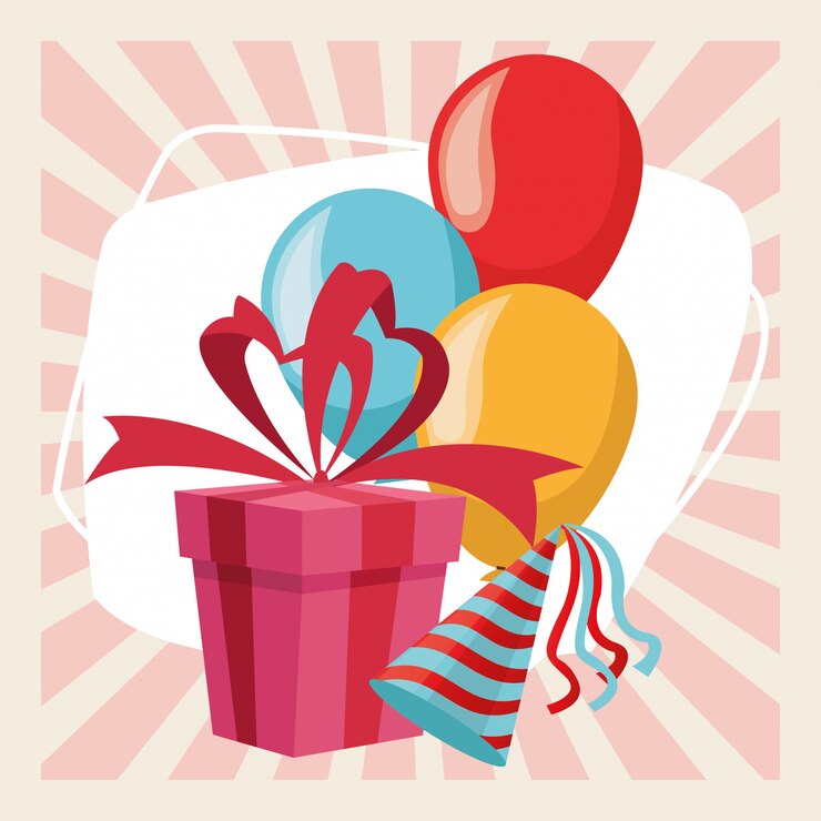Vector feliz cumpleaños fiesta fiesta caja de regalo globos sombrero