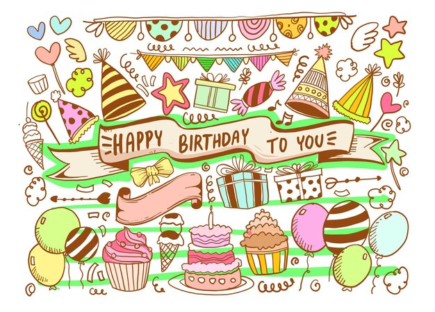 Feliz cumpleaños de fondo Doodles y juegos de cumpleaños dibujados a mano