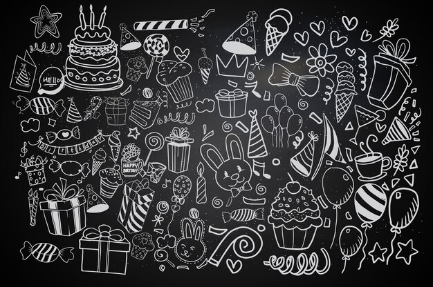 Feliz cumpleaños de fondo Doodles y juegos de cumpleaños dibujados a mano