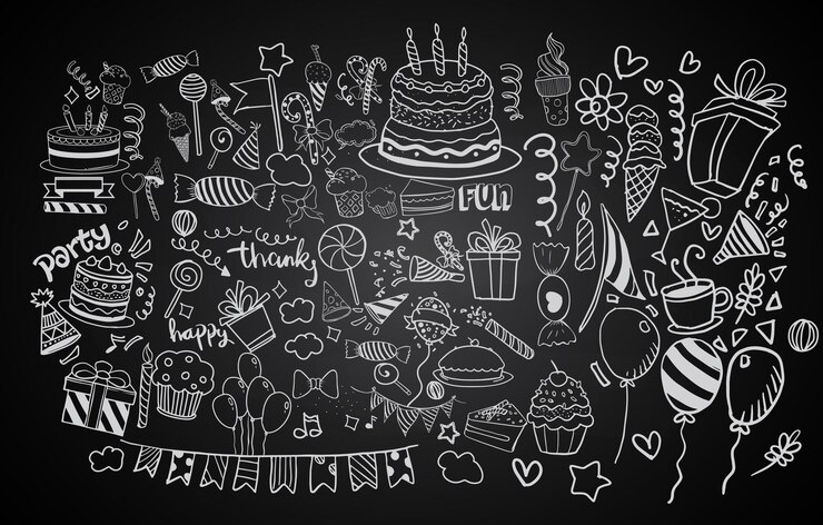 Vector feliz cumpleaños de fondo doodles y juegos de cumpleaños dibujados a mano