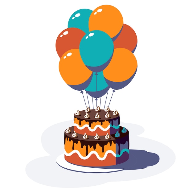 Feliz cumpleaños fondo festivo. Globos de colores y pastel aislado sobre fondo blanco. ilustración.