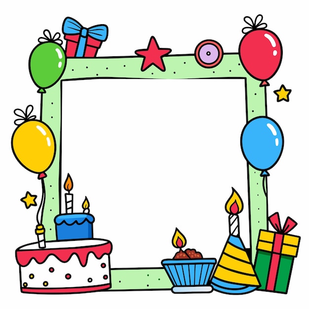 Vector feliz cumpleaños fondo con globos tapa de pastel y marco de fotos dibujo a mano pegatina concepto de icono