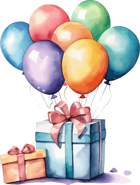 Feliz cumpleaños, globos de acuarela e ilustración de regaloregalo de acuarela y clipart de globos