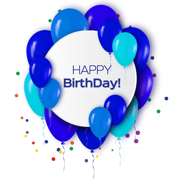 Feliz cumpleaños globos azules realistas volando para fiesta y celebraciones