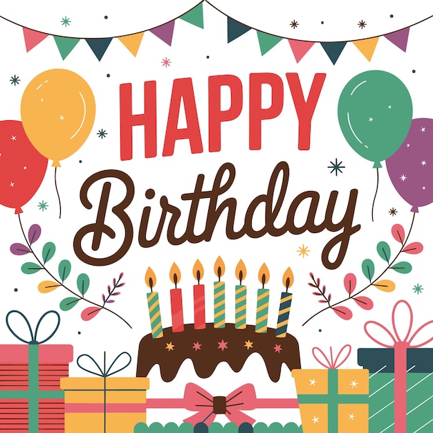 Feliz cumpleaños con globos de pastel y regalos
