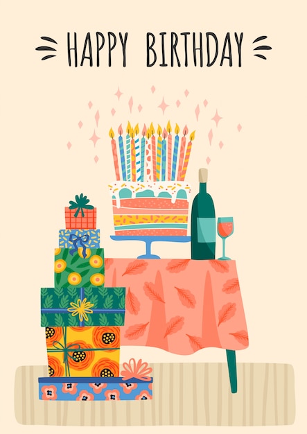 Feliz cumpleaños. Ilustración de vector de cajas de regalo lindo y pastel.