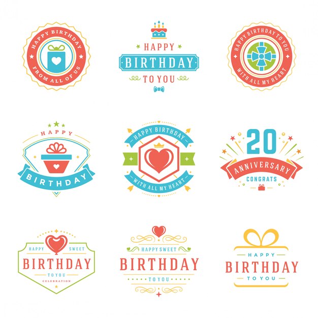 Feliz cumpleaños insignias y etiquetas vector diseño conjunto de elementos.