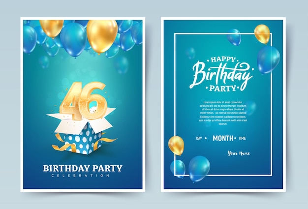 Vector feliz cumpleaños invitación doble tarjeta. cuarenta y seis años celebración del aniversario de boda