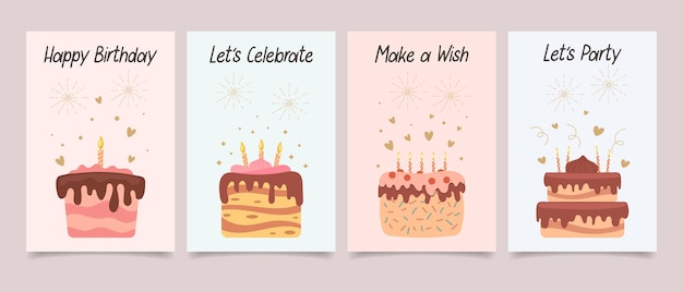 Feliz cumpleaños Juego de tarjetas de felicitación con pasteles, velas y letras caligráficas.