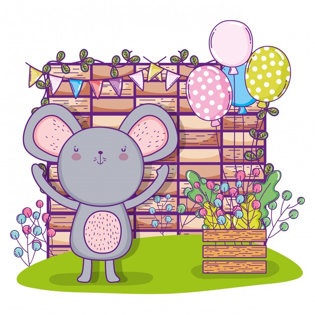 Feliz cumpleaños de koala con globos y pared de ladrillo.