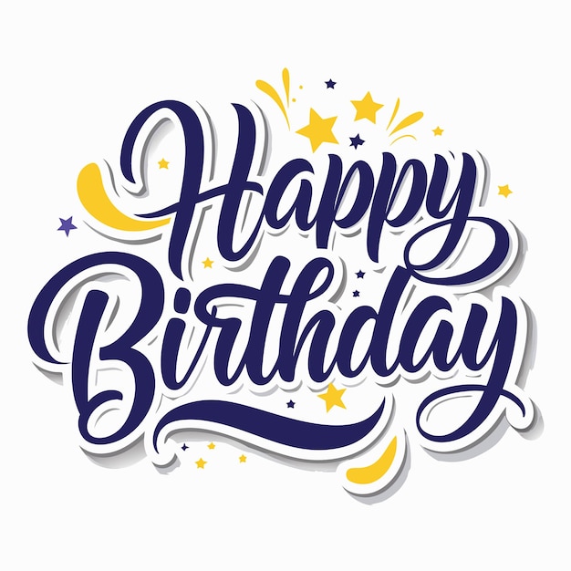 Feliz cumpleaños letras azules y amarillas sobre fondo blanco