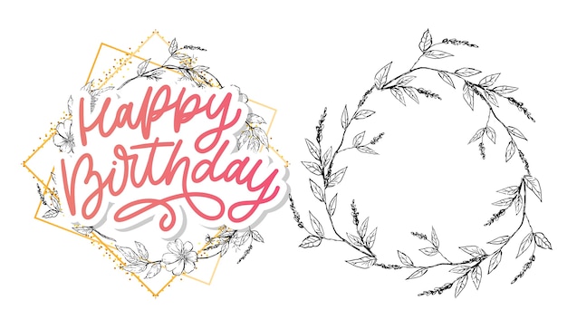Feliz cumpleaños letras caligrafía lema flores ilustración texto