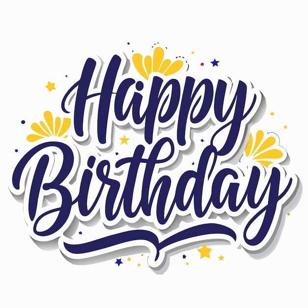 Feliz cumpleaños con letras decorativas de estrellas y elementos florales