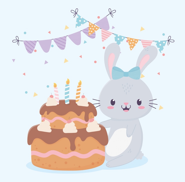 Vector feliz cumpleaños lindo conejo pastel con velas bunting celebración decoración tarjeta
