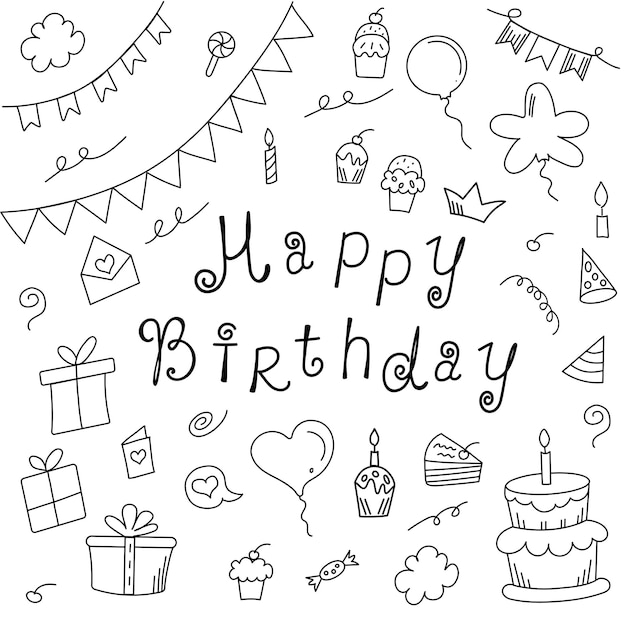 Feliz cumpleaños lindo doodle conjunto Mano dibujar vector ilustración