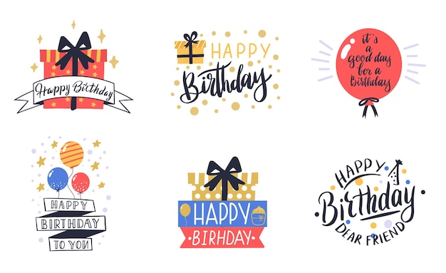 Feliz cumpleaños logotipo insignia letras de saludo pastel globos y velas tarjeta de felicitación de cumpleaños decoración diseño vector ilustración iconos conjunto