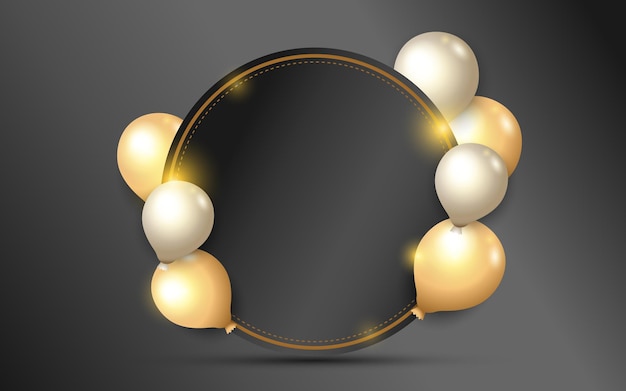Feliz cumpleaños marco circular dorado y negro con degradado dorado globos 3d de lujo