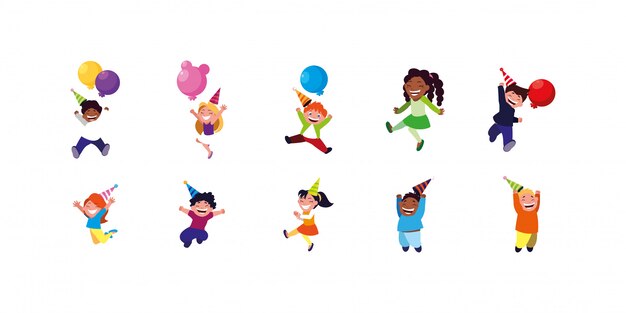 Feliz cumpleaños niños con globos y sombreros