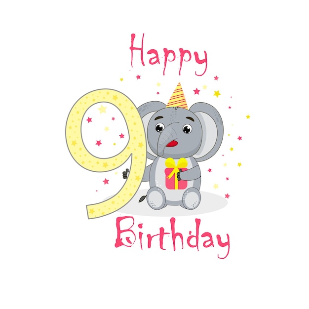 feliz cumpleaños nueve fiesta amarillo rosa regalo elefante ilustración eps10