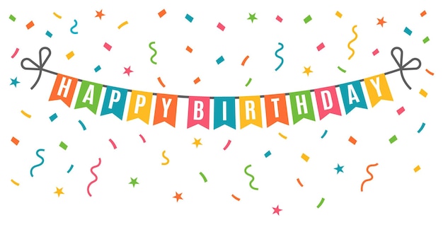 Feliz cumpleaños pancarta con banderas de fiesta coloridas y confeti en fondo blanco Ilustración vectorial
