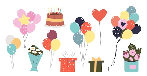 Feliz cumpleaños con pastel ramos de flores globos y regalos Regalos para el diseño de tarjetas de felicitación