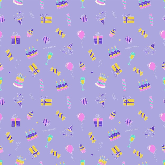 Feliz cumpleaños Patrón sin costuras con elementos de cumpleaños Tortas regalos globos y más Ilustración vectorial plana en estilo garabato