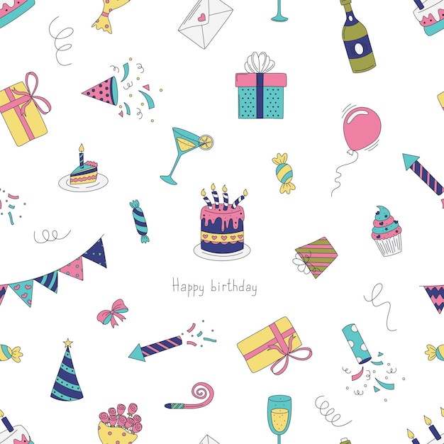 Feliz cumpleaños Patrón sin costuras con elementos de cumpleaños Tortas regalos globos y más Vector plano