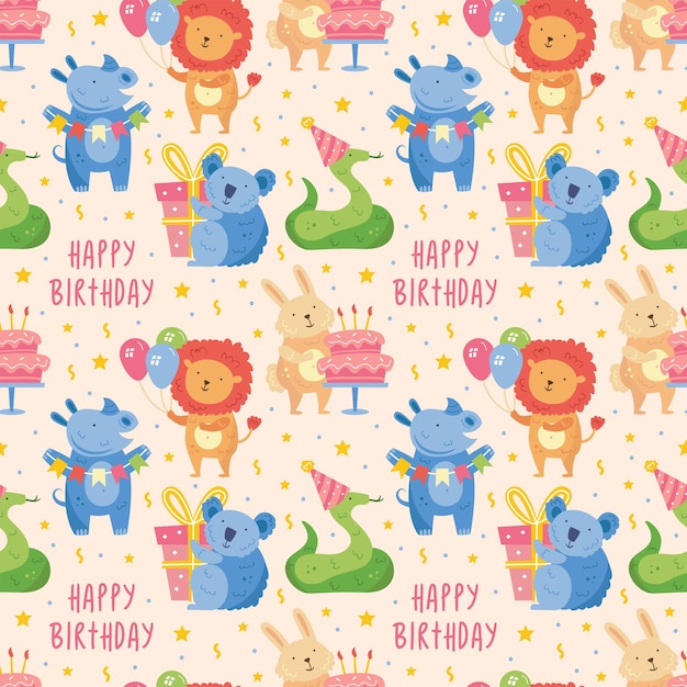 Feliz cumpleaños de patrones sin fisuras lindo animal león rinoceronte koala conejo serpiente presente cuadro globo