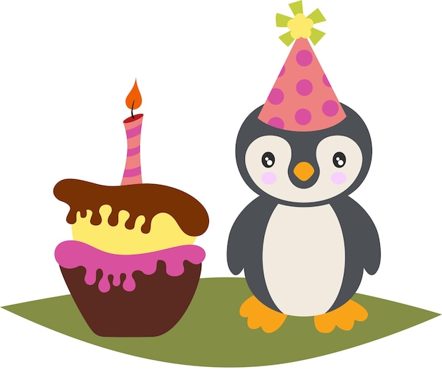 Feliz cumpleaños, pingüino con pastel de cumpleaños.