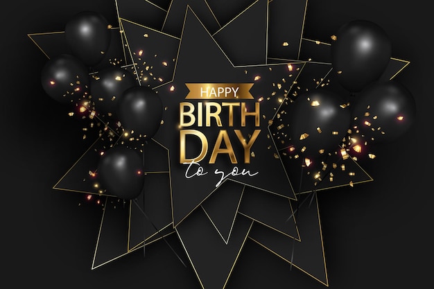 Feliz cumpleaños realista en negro y fondo de feliz cumpleaños de celebración dorada de lujo