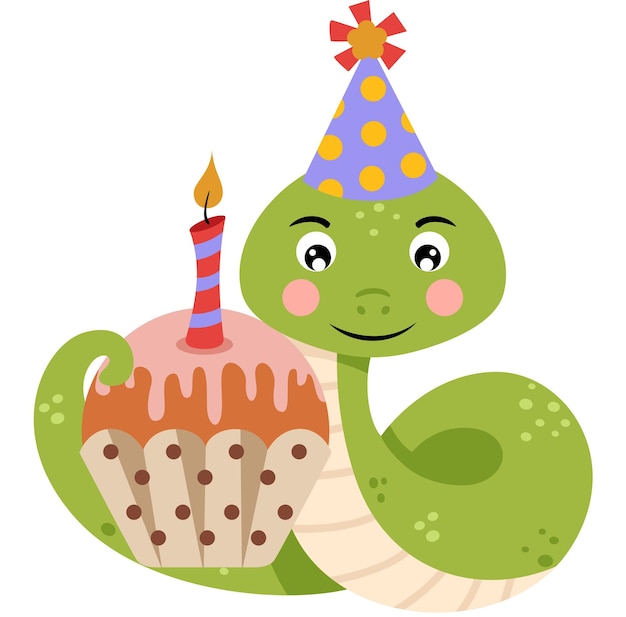 Feliz cumpleaños serpiente verde con pastel