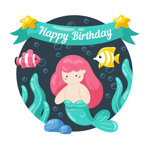 Feliz cumpleaños. tarjeta de cumpleaños infantil con linda sirenita y vida marina.