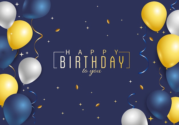 Feliz cumpleaños tarjeta de felicitación azul con globos de confeti y caja de regalos
