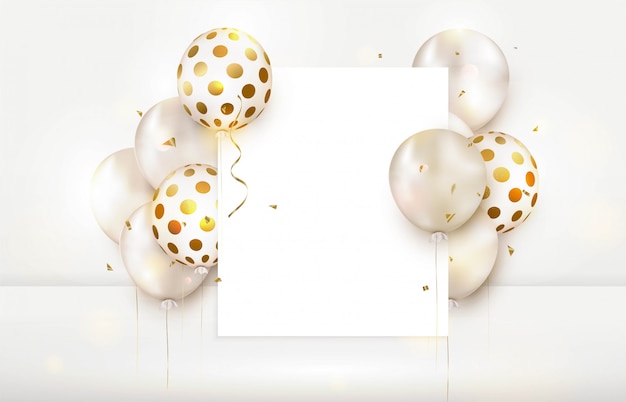 Feliz cumpleaños tarjeta de felicitación en blanco con globos de aire. Hojas de papel A4.