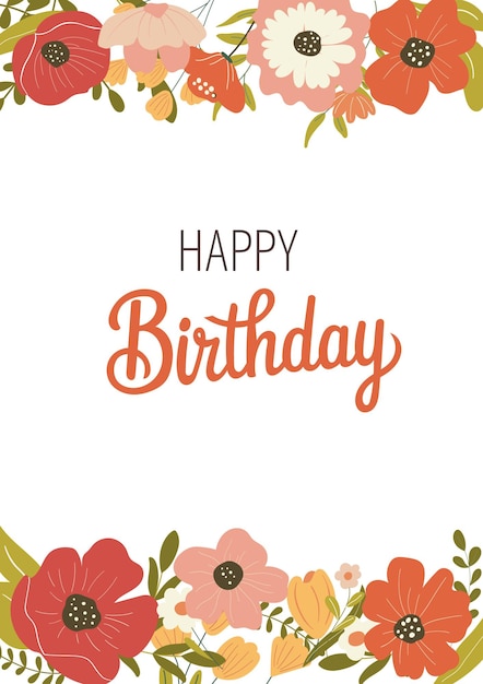 Feliz cumpleaños tarjeta de felicitación con caprichosas ilustraciones florales rojas y rosas