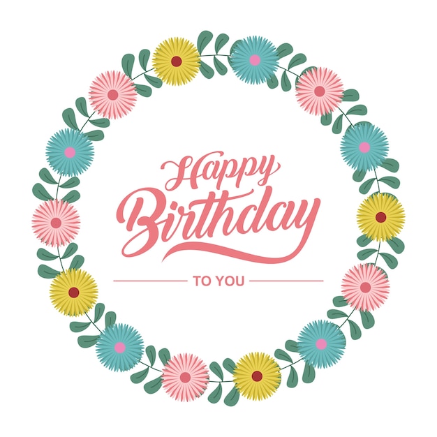 Feliz cumpleaños tarjeta de felicitación con corona de flores