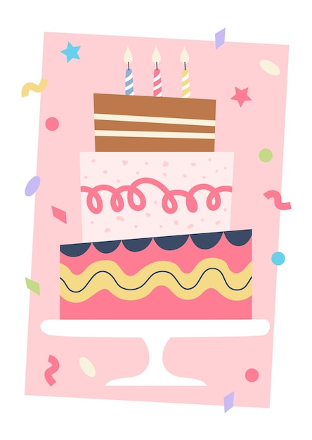 Feliz cumpleaños tarjeta de felicitación lindo colorido pastel de fiesta con velas plantilla de ilustración vectorial