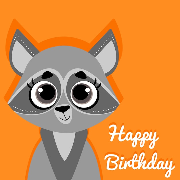 Feliz cumpleaños tarjeta de felicitación con lindo mapache divertido sobre fondo naranja brillante Plantilla cuadrado po