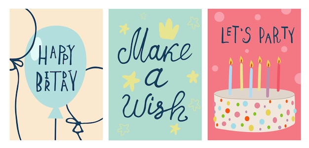 Feliz cumpleaños tarjeta de felicitación y plantillas de invitación de fiesta ilustración vectorial dibujada a mano